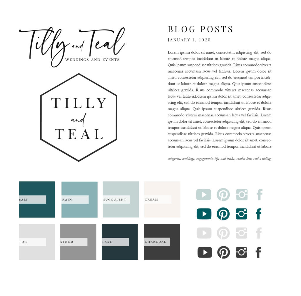Tilly and Teal Brand Board featuring improved color palette, font choices, and a new logo!