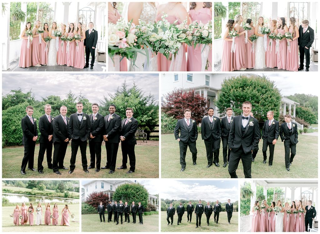 petal pink bridesmaids' dresses and black groommens' suits for Rachel and Caden's Walden Hall wedding in Reva, Virginia.