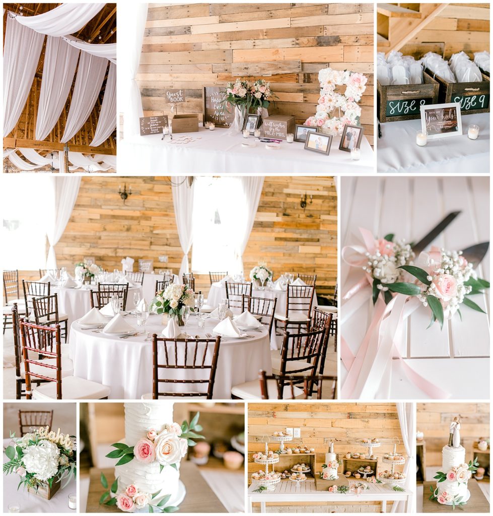 reception details and all white table scape for Rachel and Caden's Walden Hall wedding in Reva, Virginia.
