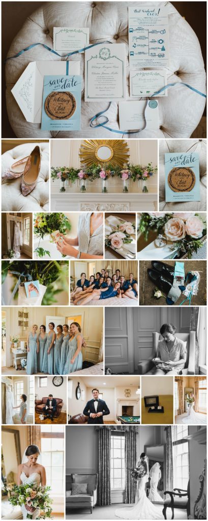details of invitation suite, bridesmaids and bride Whitney getting ready at Great Marsh Estate in Bealton Virginia