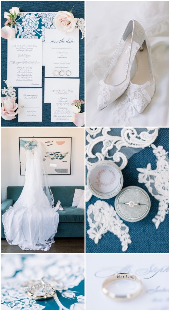 a white wedding dress hangs in a hotel room. a wedding ring is photographed in a ring box before A District Winery Springt Wedding